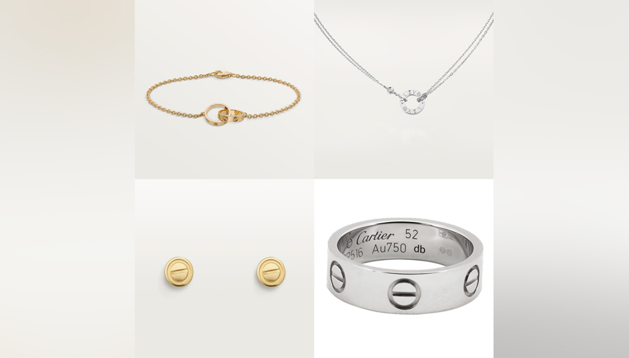 Вариации коллекции Cartier Love: браслет, колье, серьги, кольцо