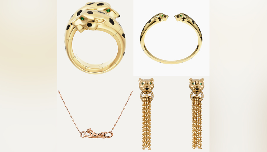 Вариации коллекции Cartier Panthere: кольцо, браслет, колье, серьги
